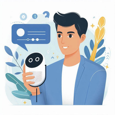 Young man holding a chat bot. Vector illustration in cartoon style.のイラスト素材