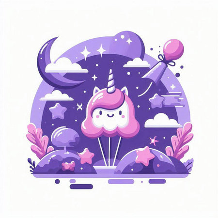 Cute cartoon unicorn with moon and stars. Vector illustration in flat styleのイラスト素材
