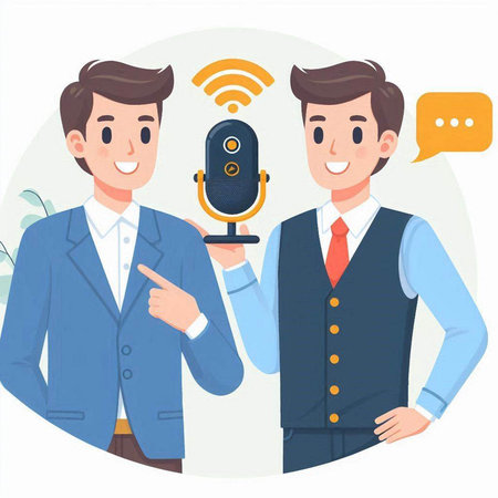 Businessmen with microphone and speaker. Vector illustration in cartoon style.のイラスト素材