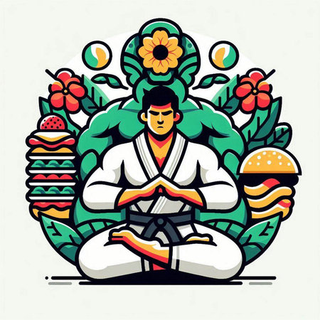 Illustration of a man meditating in lotus pose and eating hamburgerのイラスト素材