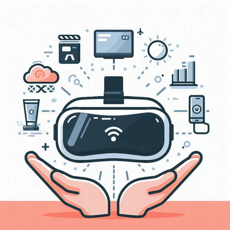 Vector illustration of hands holding virtual reality glasses. Flat line art design concept for web, site, advertising, banner, poster, board and print.のイラスト素材