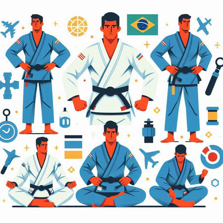 Taekwondo sport and martial arts set. Vector illustration in flat cartoon styleのイラスト素材