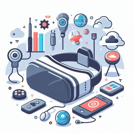 Virtual reality vector illustration, 3d vr box, VR headset, gamepad, smartphone and other electronic devicesのイラスト素材