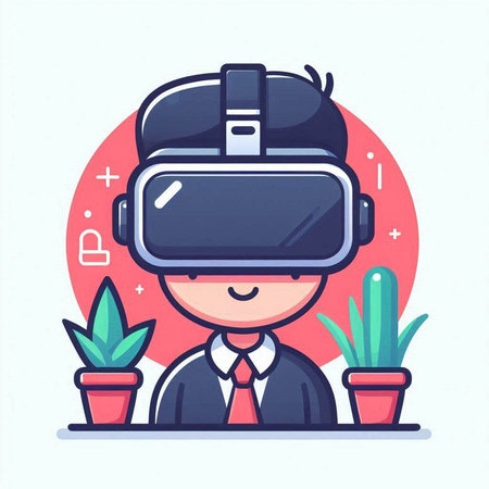 Businessman wearing virtual reality glasses. Modern flat style vector illustration.のイラスト素材