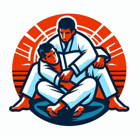 Mascot illustration of a male judo fighter practicing judo stance set inside circle done in retro style.のイラスト素材