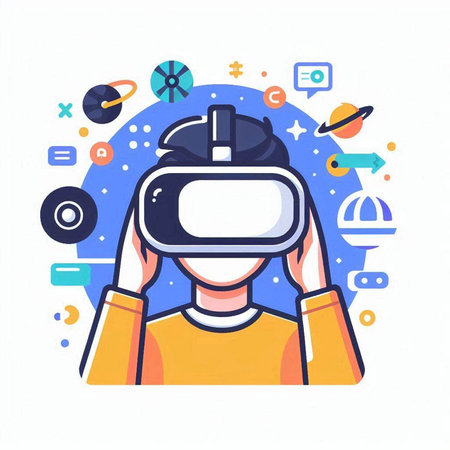 Man in virtual reality helmet. Future technology concept. Vector illustration.のイラスト素材