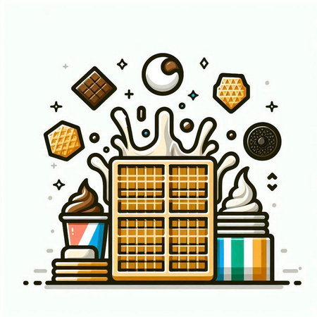 Vector illustration of waffle, ice cream, chocolate, waffles. Line art design for web and print.のイラスト素材