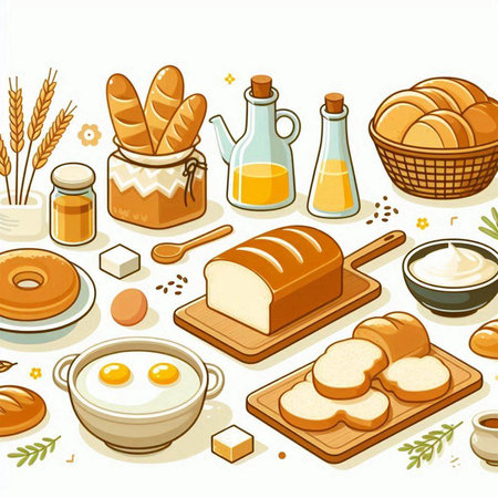 Seamless pattern with bread, eggs and other food. Vector illustrationのイラスト素材