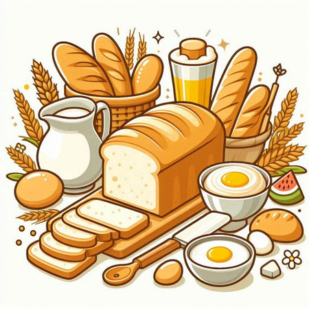 Bread and bakery products. Vector illustration of a loaf of bread, eggs, milk and wheat ears.のイラスト素材