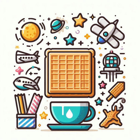Coffee cup, waffles and other elements. Vector illustration.のイラスト素材