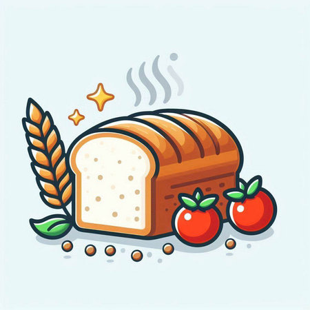 Illustration of a loaf of bread and tomatoes on a light blue backgroundのイラスト素材