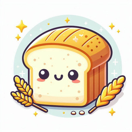 Cute cartoon bread character with wheat ears on white background. Vector illustration.のイラスト素材