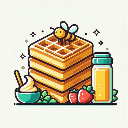 Vector illustration of sweet waffles with honey, strawberries and honey dipperのイラスト素材