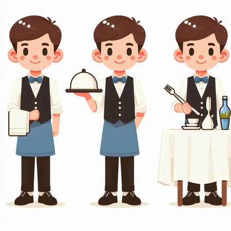 Set of waiter cartoon character. Vector illustration isolated on white background.のイラスト素材
