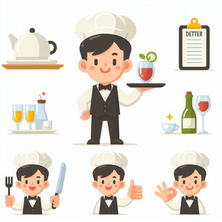 Set of cartoon chef and restaurant staff characters vector illustration isolated on white background.のイラスト素材