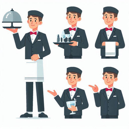 Set of waiter in uniform. Vector illustration in a flat style.のイラスト素材