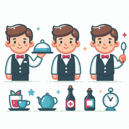 Waiter with a set of objects. Vector illustration in cartoon styleのイラスト素材