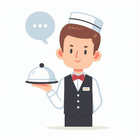 Illustration of a waiter holding a tray of food and a speech bubbleのイラスト素材