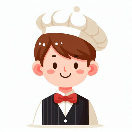 Illustration of a young boy wearing a chef's hat and bow tieのイラスト素材