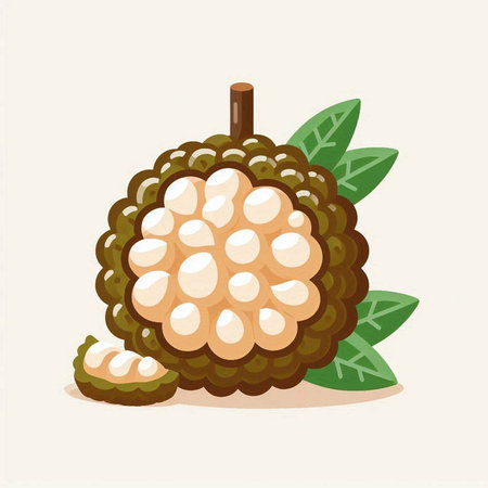 Ripe lychee fruit with green leaves, vector illustration.のイラスト素材
