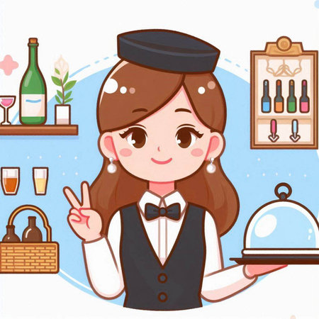Waitress holding a tray of wine and showing victory sign. Vector illustration.のイラスト素材