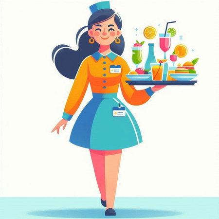Waitress with a tray of food. Vector illustration in cartoon styleのイラスト素材