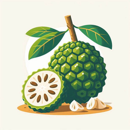 Soursop vector illustration. Exotic fruit with green leaves.のイラスト素材