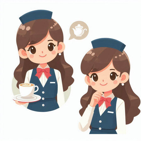 Air hostess in uniform with a cup of coffee. Vector illustration.のイラスト素材