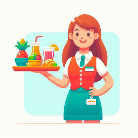 Waitress holding a tray with fruit and juice. Vector illustration.のイラスト素材