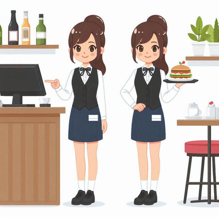 Waitress at the counter in the restaurant. Vector illustration of a waitress in a cafe.のイラスト素材