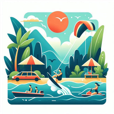 Landscape of tropical island with people on the water. Vector illustrationのイラスト素材