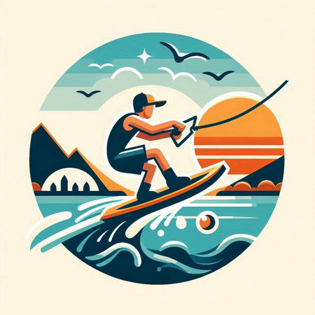 Man on a wakeboard in the sea. Vector illustration in retro style.のイラスト素材