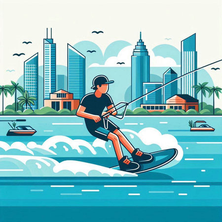 Man wakeboarding on the background of the city. Vector illustration.のイラスト素材