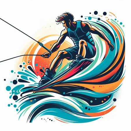 Kitesurfing. Man riding a wakeboard. Vector illustration.のイラスト素材