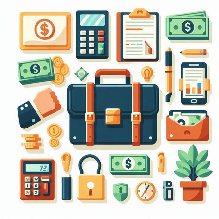 Business and finance icons set with briefcase, calculator, briefcase, briefcase, wallet and other elements. Vector illustrationのイラスト素材