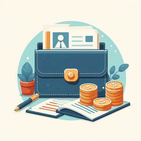 Briefcase with documents and coins. Vector illustration in flat styleのイラスト素材