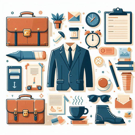 Set of business icons in flat style. Vector illustration with briefcase, briefcase, coffee cup, clock and other items.のイラスト素材