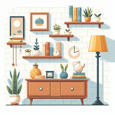 Interior of living room with bookshelf, bookshelf, lamp and plants. Vector illustrationのイラスト素材
