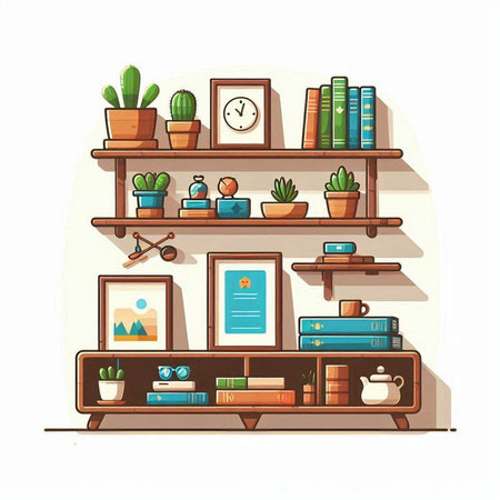 Bookshelf with books and cacti. Vector illustration.のイラスト素材