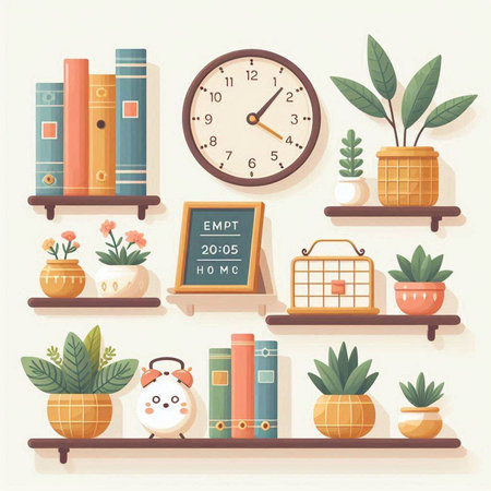 Vector illustration of bookshelf with books, clock and plants.のイラスト素材
