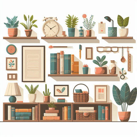 Vector illustration of bookshelf with books and plants. Flat style.のイラスト素材