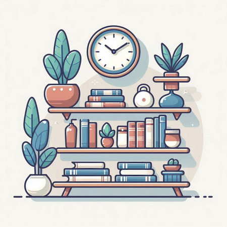 Bookshelf with books, clock and plants. Vector illustration.のイラスト素材