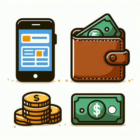 Illustration of a set of banknotes, mobile phone, wallet and coinsのイラスト素材