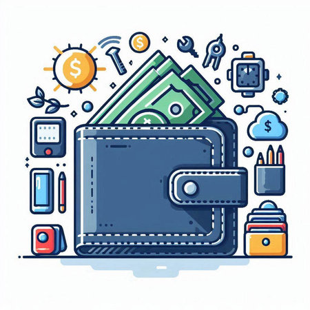 Wallet with money. Vector illustration in line art style on white background.のイラスト素材
