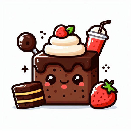 Cute chocolate cake with whipped cream and strawberry, vector illustration.のイラスト素材