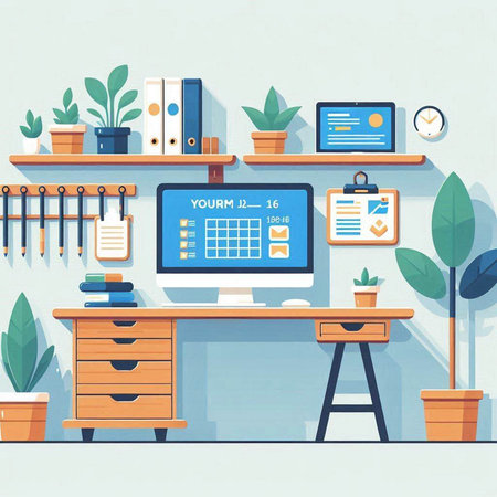 Workplace with computer and office supplies. Flat style vector illustration.のイラスト素材
