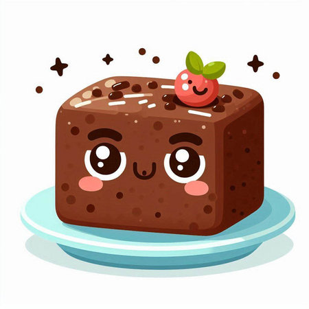 Cute cartoon chocolate cake with berries on plate. Vector illustration.のイラスト素材