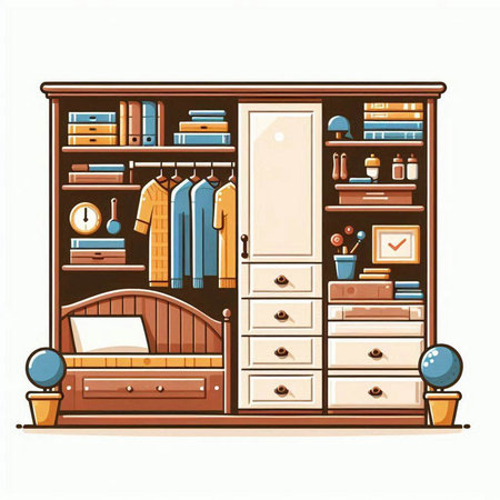 Illustration of a wardrobe with furniture and accessories. Vector illustration.のイラスト素材