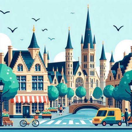 Amsterdam cityscape, Netherlands, Europe. Vector illustration in cartoon styleのイラスト素材