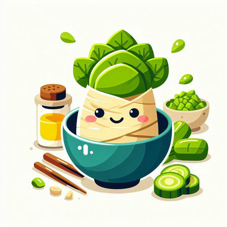 Kawaii tofu in a bowl with vegetables. Vector illustration.のイラスト素材